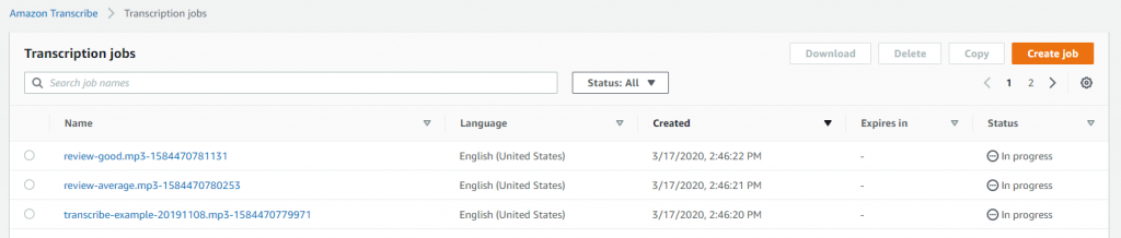 Amazon Transcribe jobs in progress