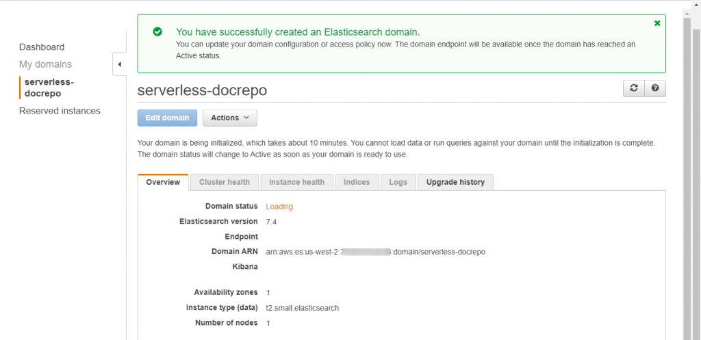 After creating the Elasticsearch domain, the domain status shows ‘Loading’.