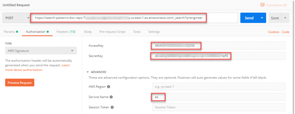 Postman query with AWS authorization.