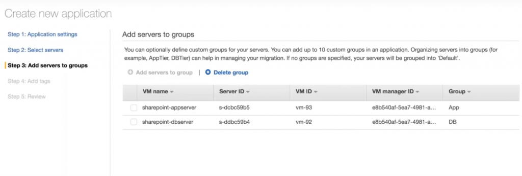 Create new application - Add servers to groups