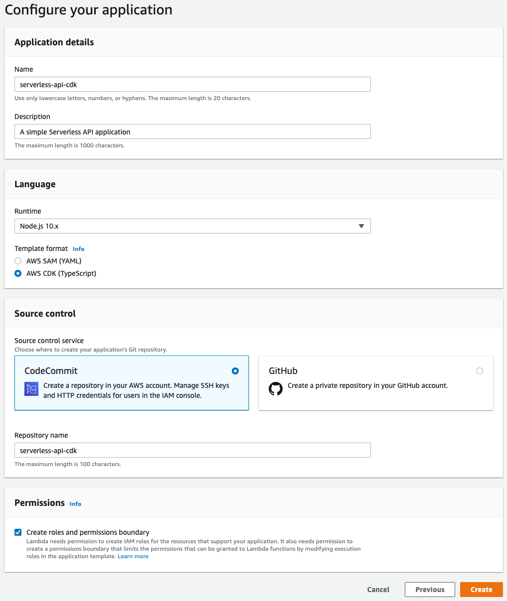 Lambda application creation screen showing the selected configuration options