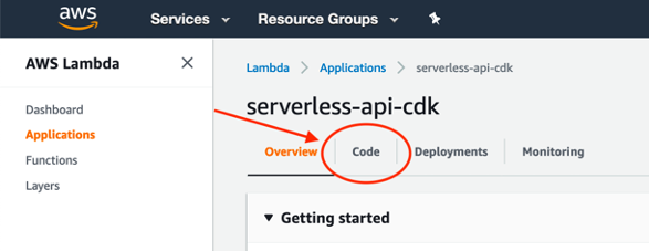 Lambda Application Console highlighting the Code tab
