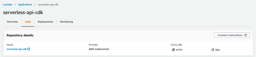 Lambda Application Code Tab showing repository URL