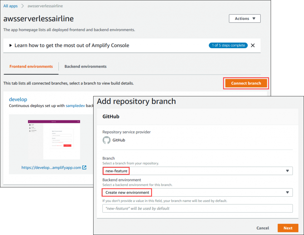 Connect Amplify Console to feature branch