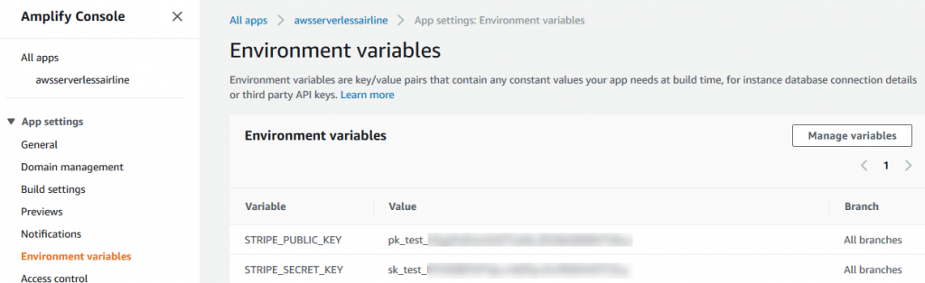 Amplify environment variables for All Branches.