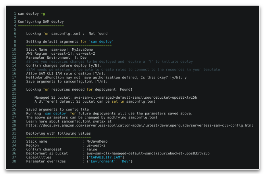 Demonstration of sam deploy with guided option on