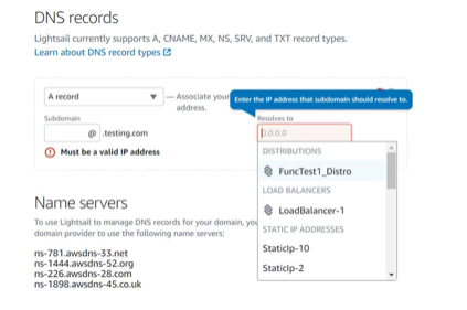 lightsail console: DNS screenshot