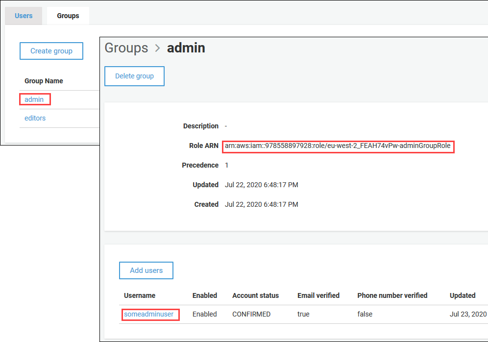 View Amazon Cognito user added to group and IAM role