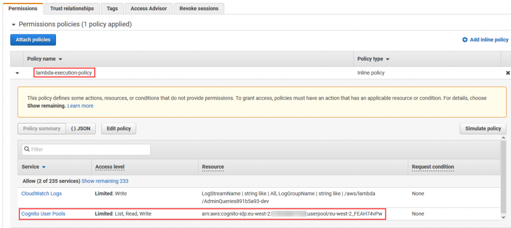View Lambda execution role permissions including Amazon Cognito write