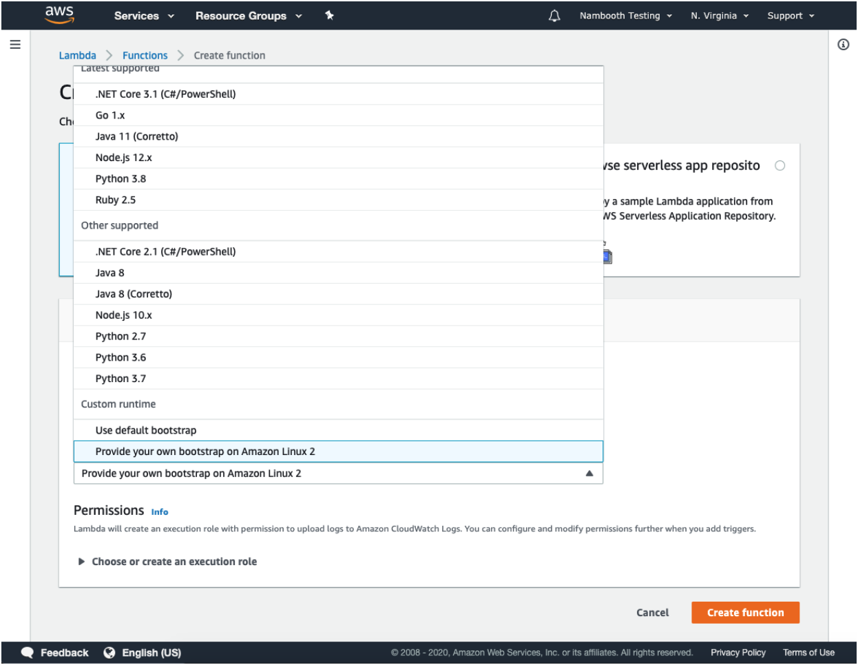 Console: choosing the custom runtime