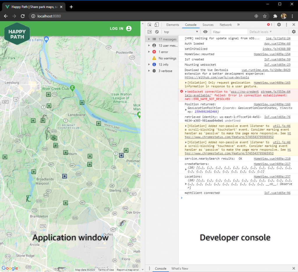 Happy Path browser developer console