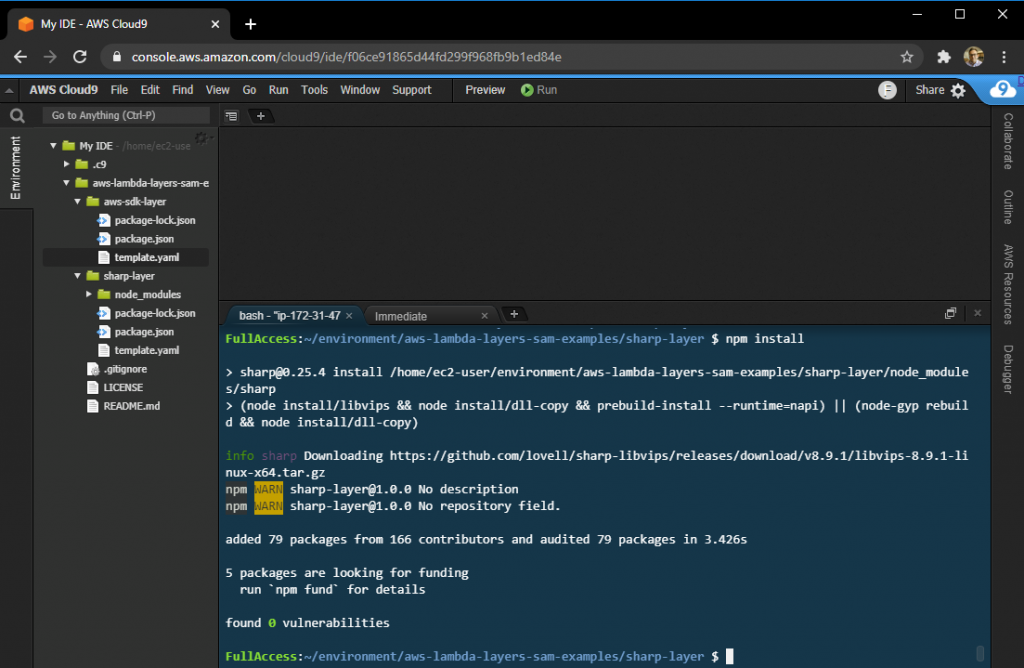 Creating a layer in Cloud9 
