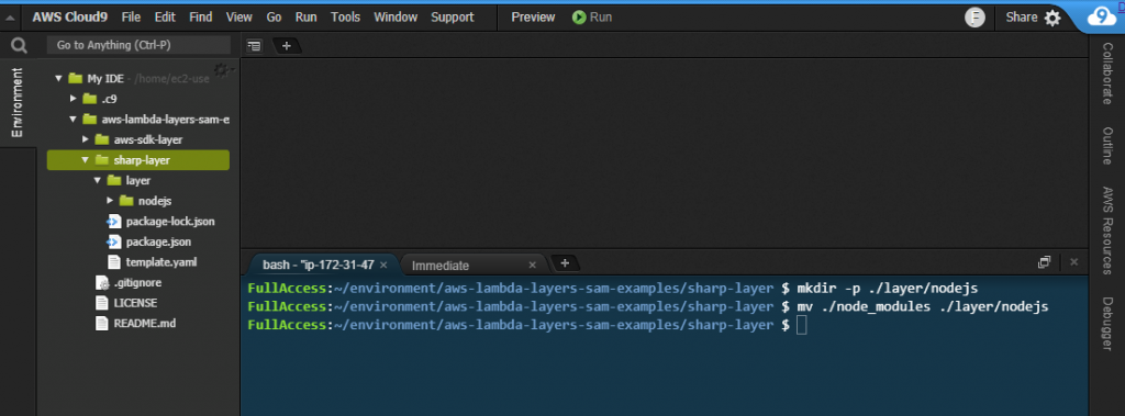 Creating the layer in Cloud9