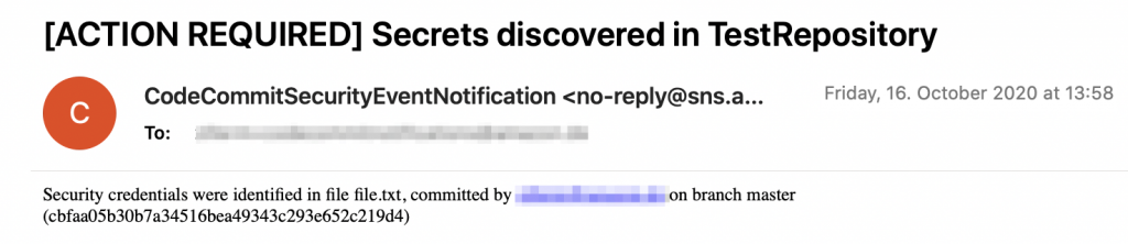 Notification about secrets discovered in a commit in TestRepository