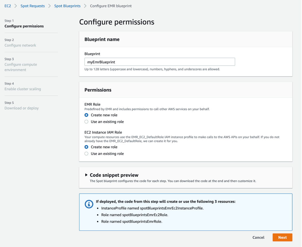 Picture of step 1 of EMR Spot blueprint