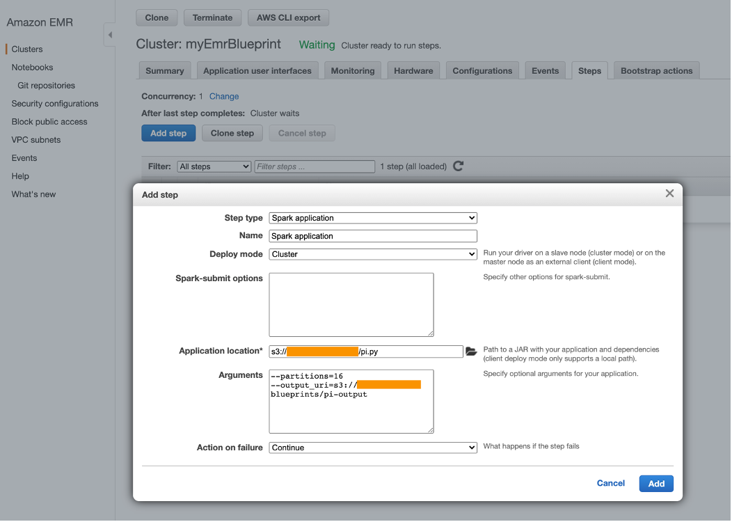 Add sample spark application as step on EMR cluster