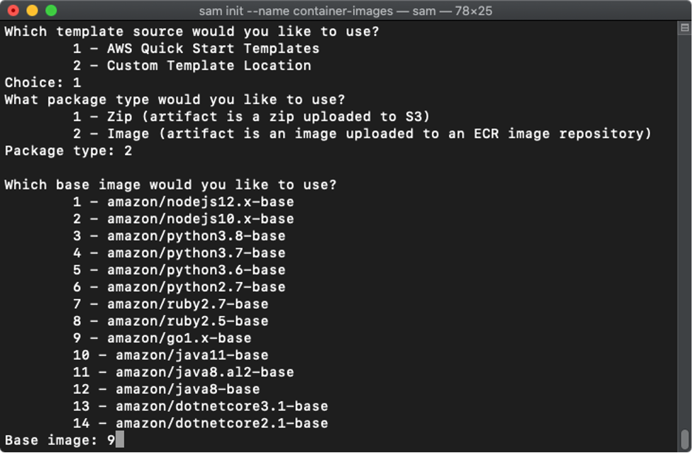 Image showing the suggested choices for a sam init command