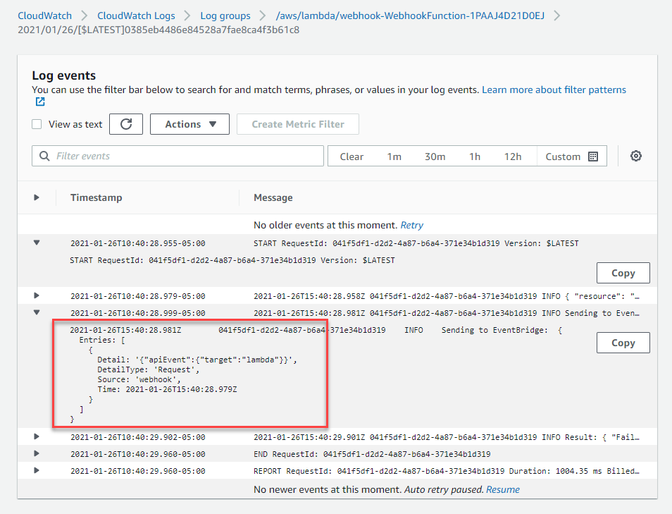 CloudWatch Logs from a webhook