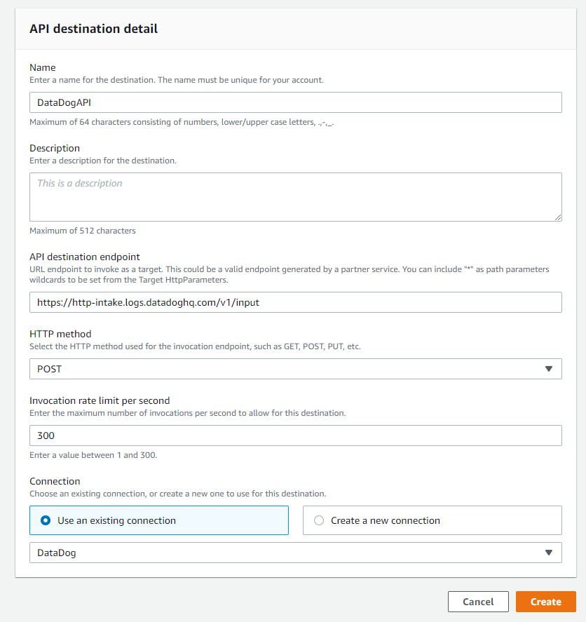 API destination detail UI