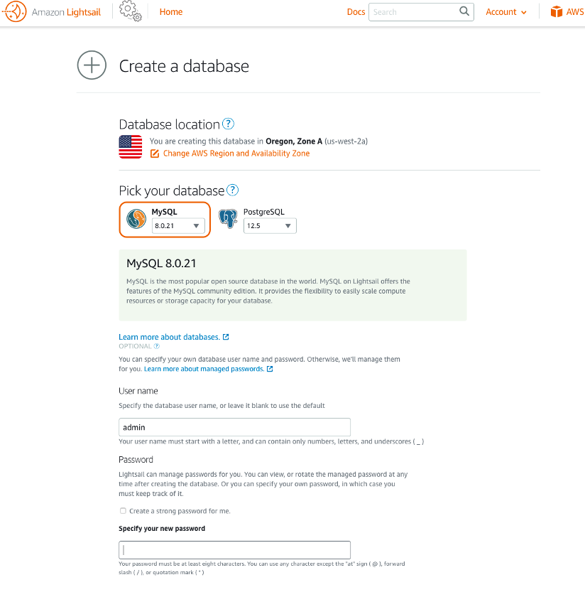 create a database console screenshot