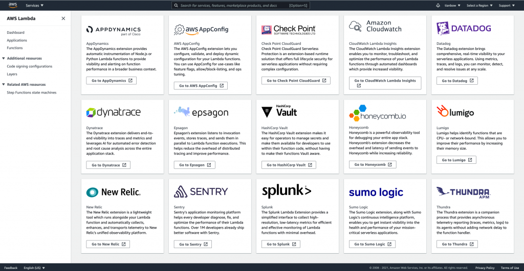 AWS Lambda Ready Partner extensions in the Lambda console