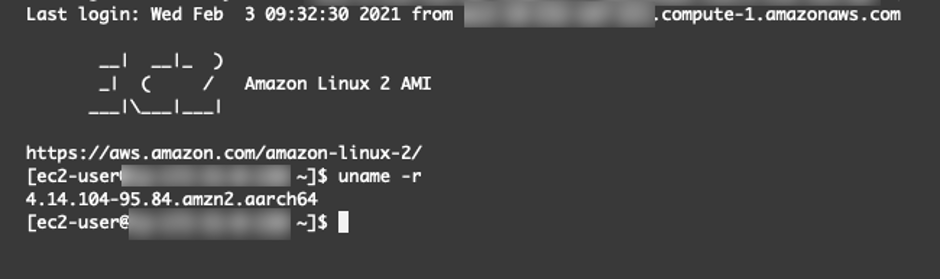 Figure 4: Amazon Linux 2 now running kernel 4.14.104-95.84