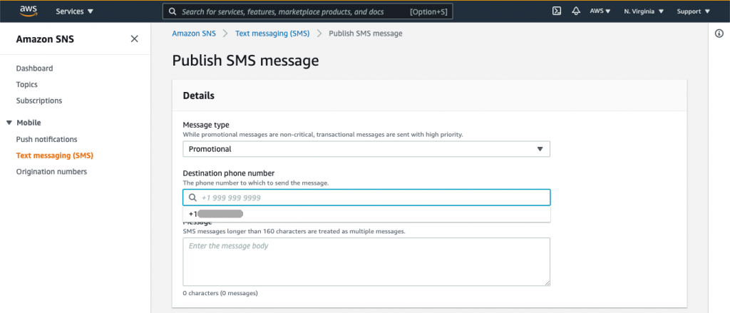 Publish SMS message page