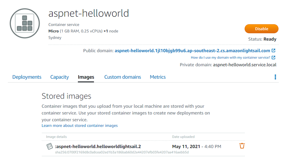 3. After the command runs successfully browse your container service in the Lightsail console and click the “Images” tab