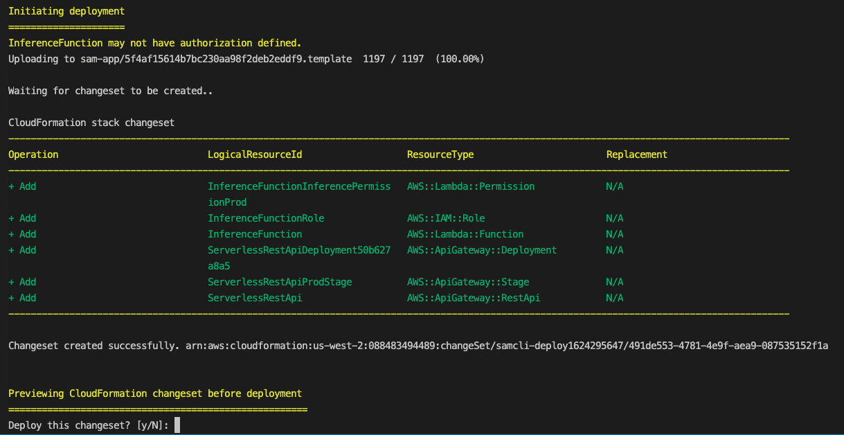 CloudFormation change set verification screen