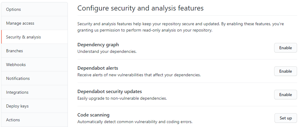 GitHub configure security and analysis features