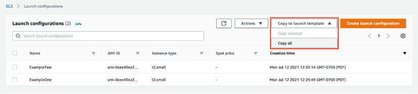 copy to launch template screenshot