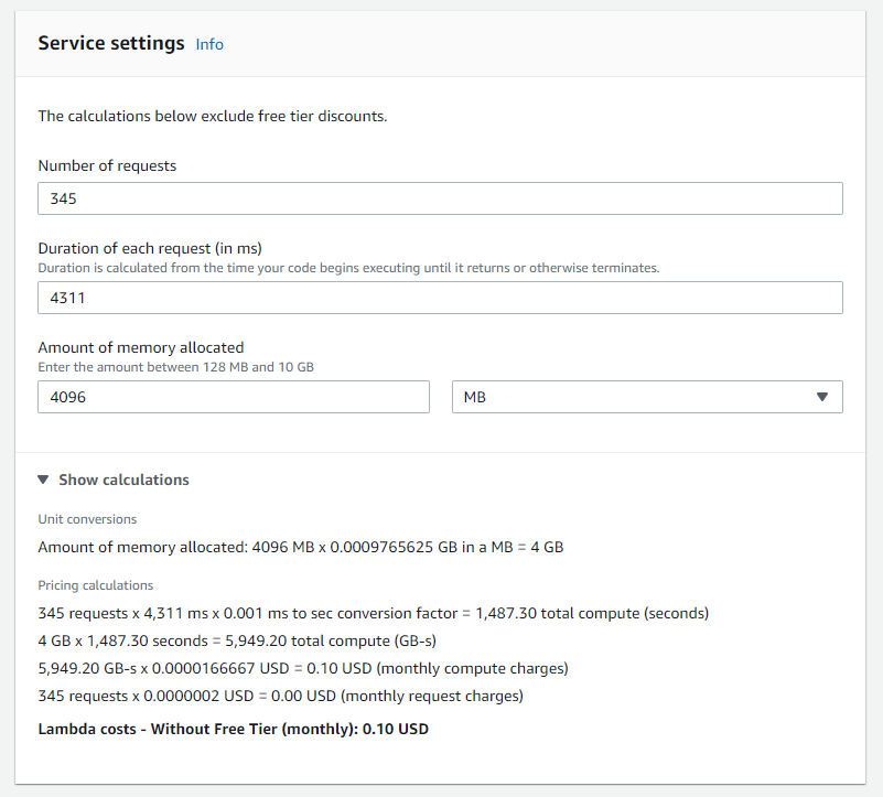 AWS Pricing Calculator configuration