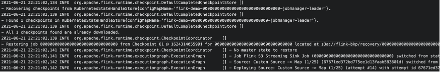 mage shows logs from a Flink job highlighting job restart using checkpoints.