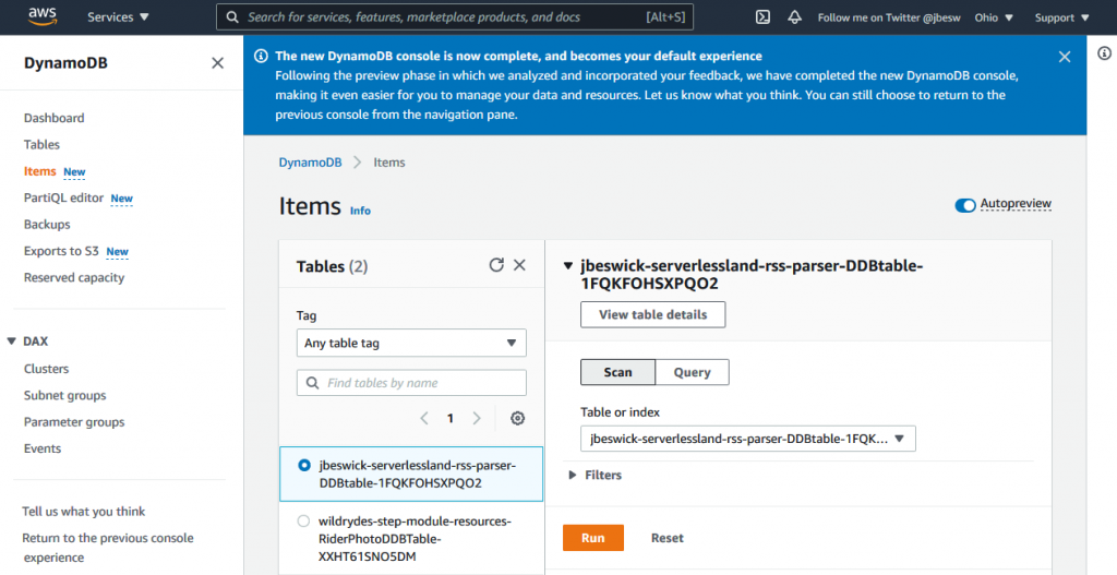 DynamoDB console