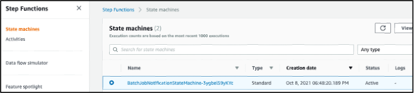 Viewing the state machine in the AWS Step Functions console