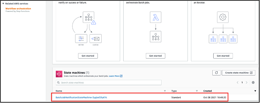 The state machine is listed in the Batch console