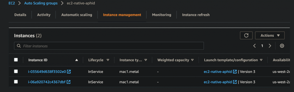Example of Autoscaling Group listing the EC2 Instances with mac1.metal instance type showing InService after Terraform Template is applied.
