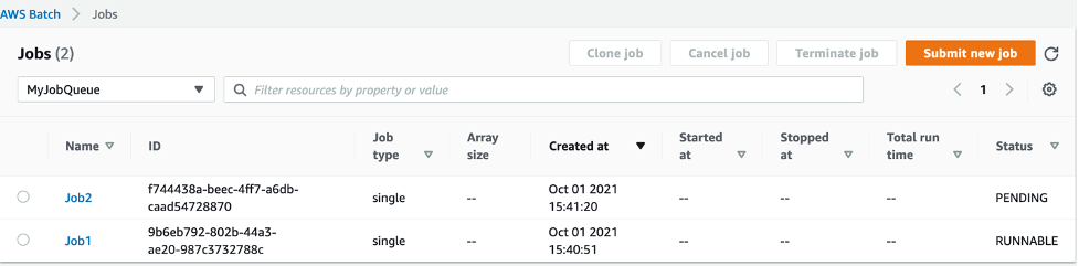 AWS Batch jobs submitted and in transit.