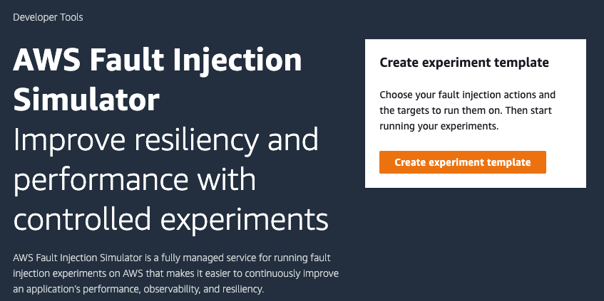 AWS Fault Injection Simulator start screen in AWS Management console