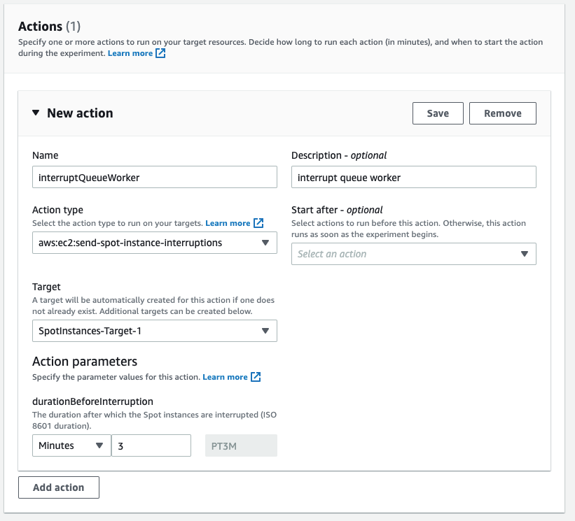 New action form in the create experiment template screen with name, description, action type and durationBeforeInterruption fields filled.