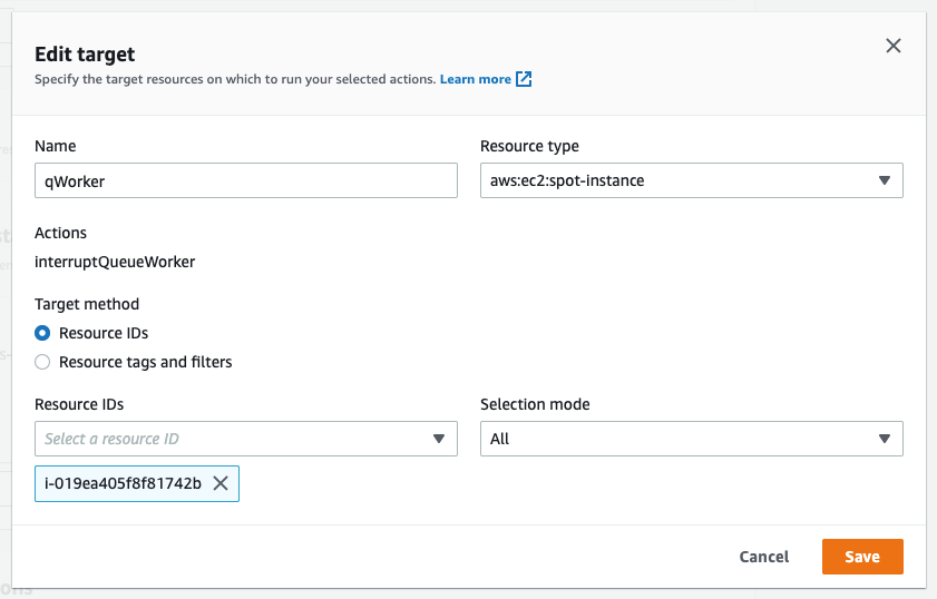 Edit target form in the create experiment template screen with name, resource type, and resource id fields filled. Name is “qWorker,” Resource type is “aws:ec2:spot-Instance,” Target method is “Resource IDs” Resource IDs is “i-019ea405f8f81742b” and Selection mode is “All.”
