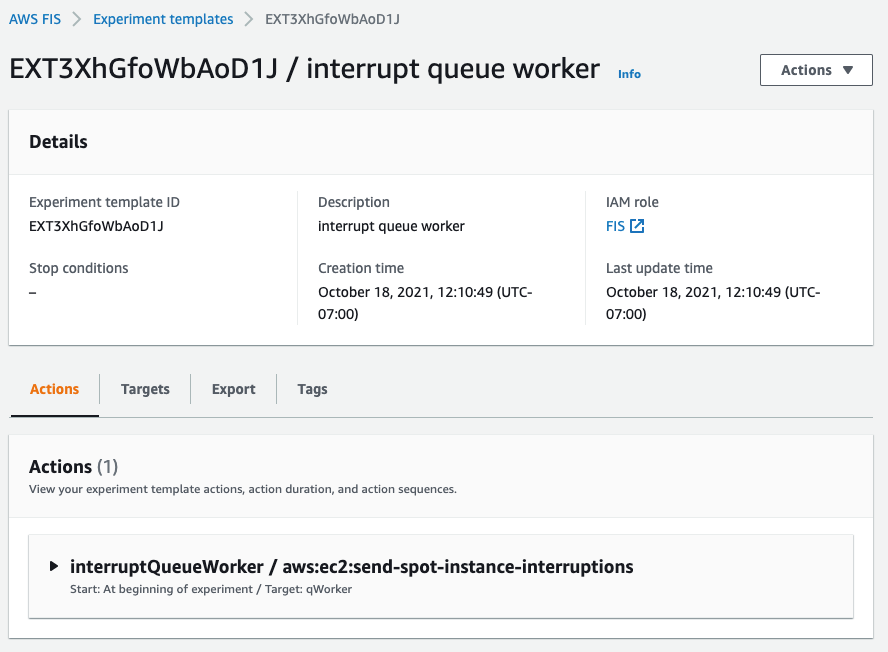 Fault Injection Simulator Experiment template summary screen in the AWS Management console highlights experiment template ID, stop conditions, description, creation time, IAM role, and last update time.