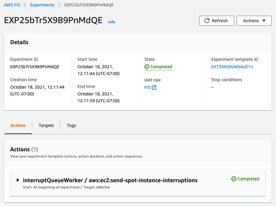 Fault Injection Simulator Experiment summary screen in the AWS Management console shows status as “Completed.”