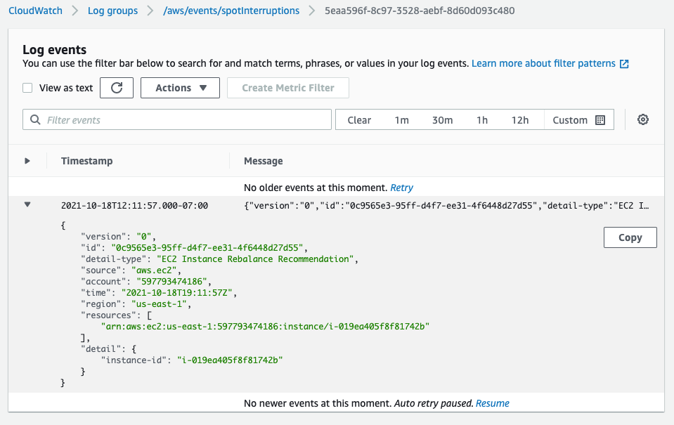 CloudWatch Event Logs screen in the AWS Management Console with information on the EC2 Rebalance Recommendation.