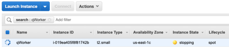 EC2 Instance List screen in the AWS Management console with information on the instance that is stopping.