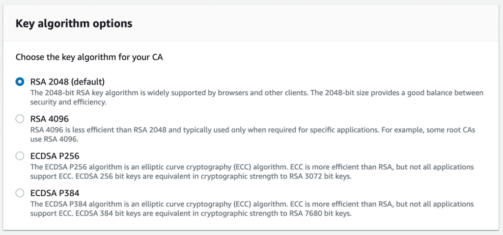 Configure CA key algorithm