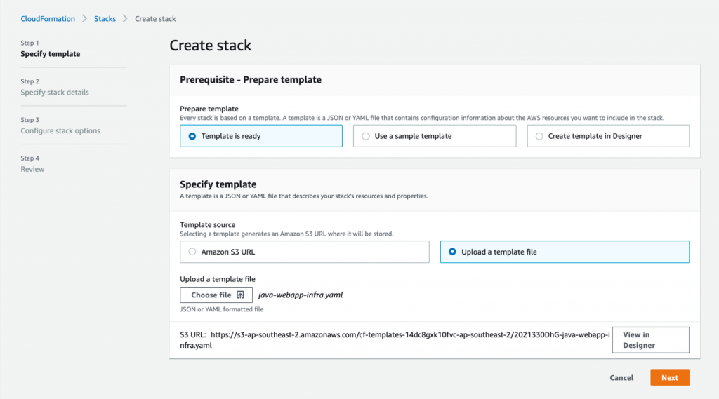 Diagram showing the first step in creating a CloudFormation stack.