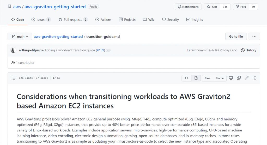 Github screenshot of AWS Graviton migration guide. The migration guide details steps to transition workloads from x86-based instances to Graviton-based instances.
