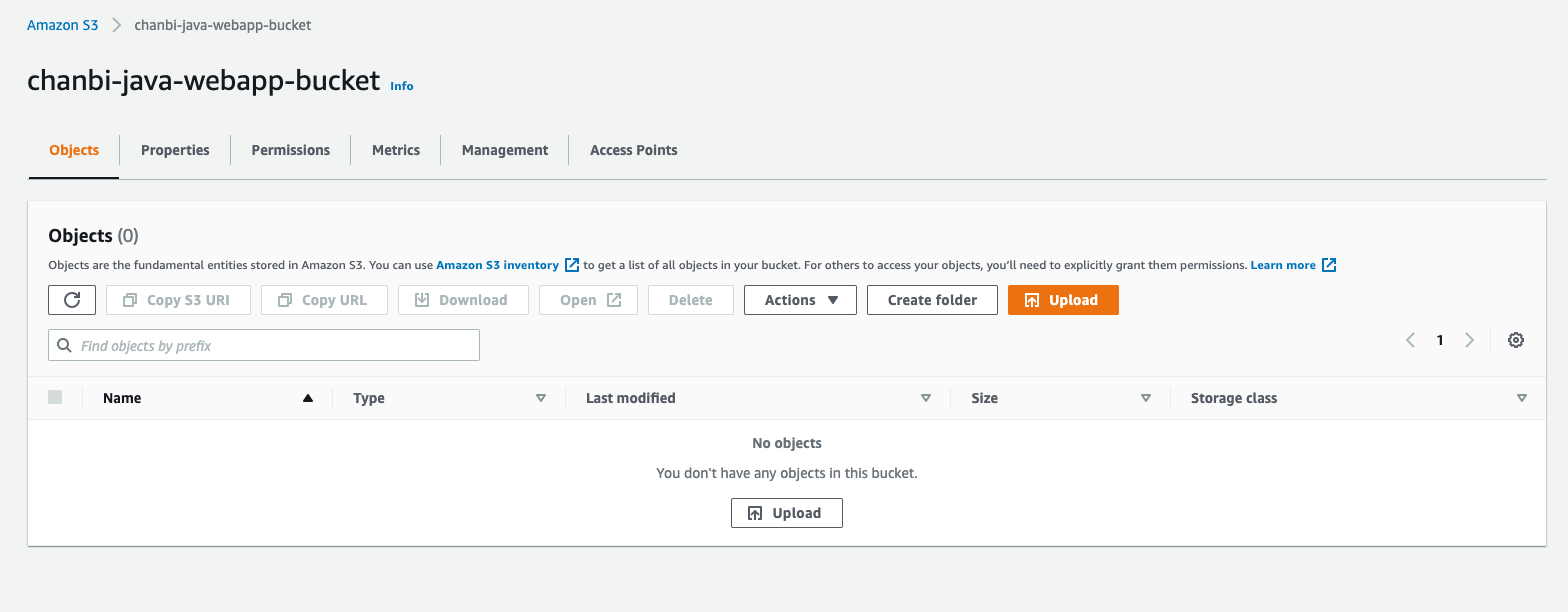 Diagram showing the S3 bucket interface with no objects.