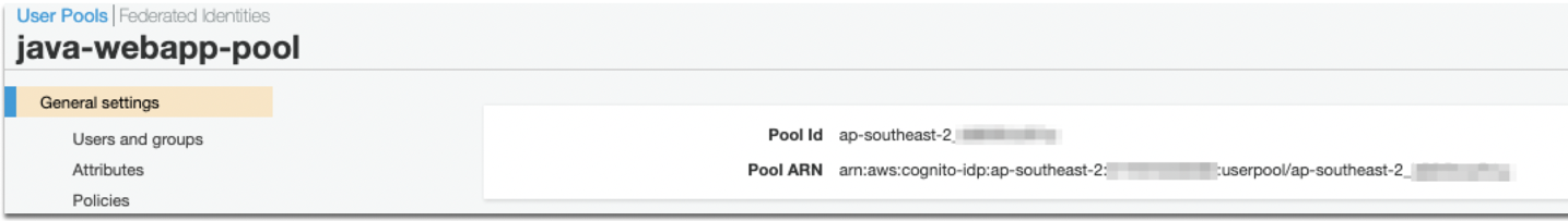Diagram showing the Cognito User Pool interface general settings